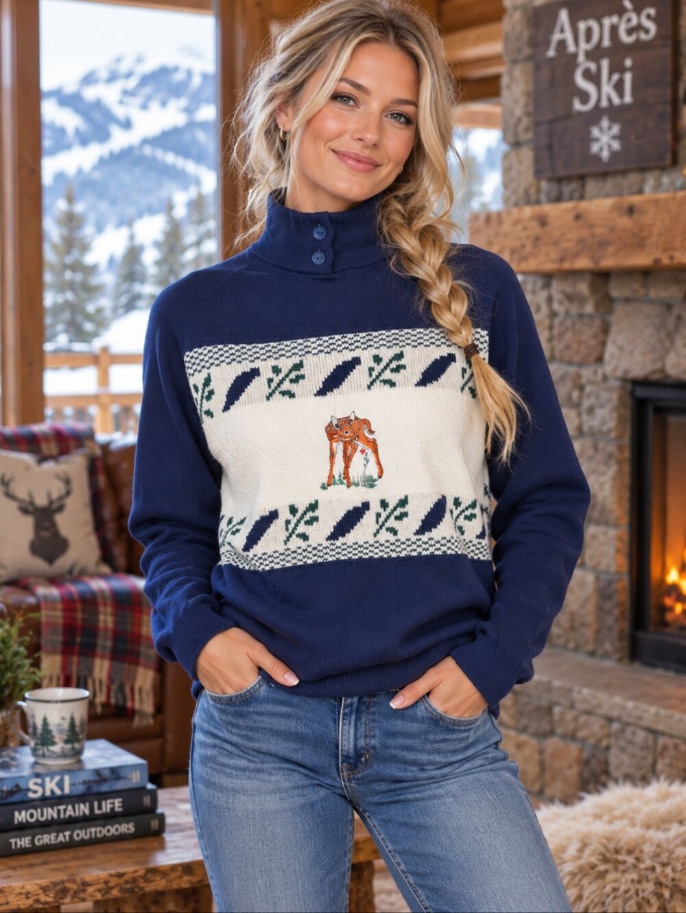 Vtg Navy Sweater/ Sweatshirt Fawn Forest Embroidered Motif Cozy Apres Ski Sz M